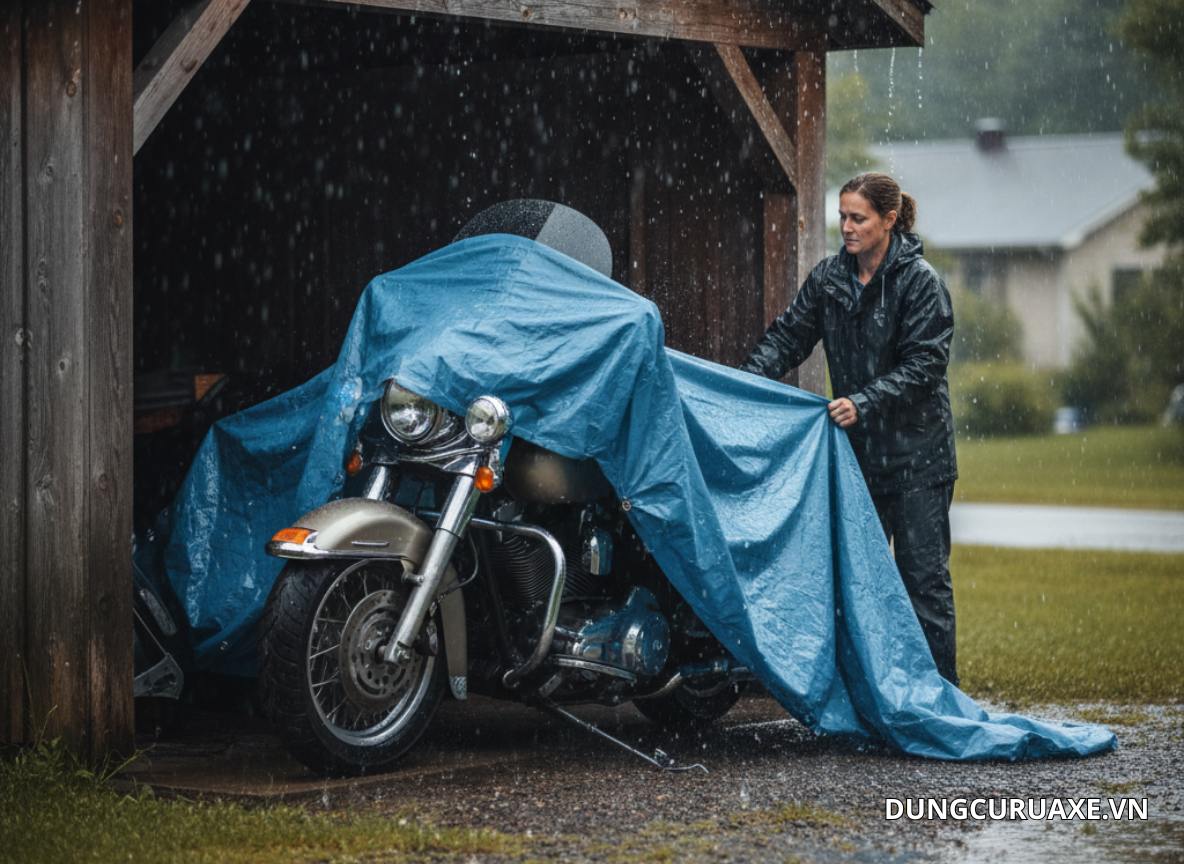 Khi không sử dụng cần Che xe bằng bạt chống thấm.