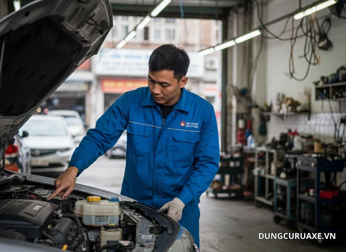 Bình dầu thắng là bình nhựa trong suốt Trên nắp thường ghi: BRAKE FLUID, DOT 3, DOT 4