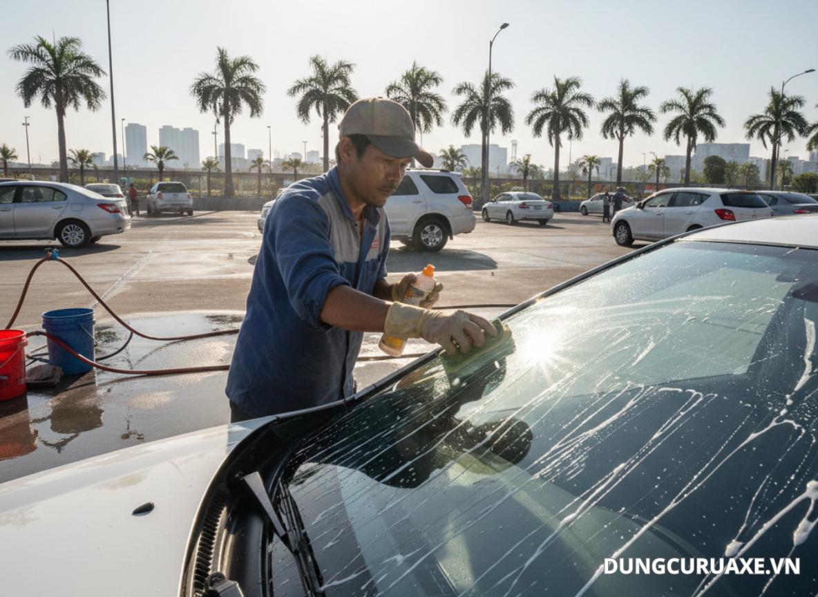 Tẩy ố kính dưới trời nắng gắt dễ để lại các vệt loang mờ